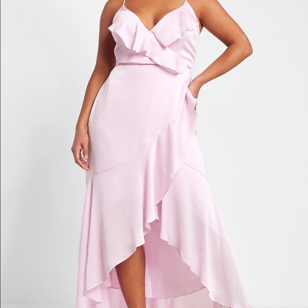 Satin Pin Dot Ruffle Wrap Front Hi-Lo Maxi Dress